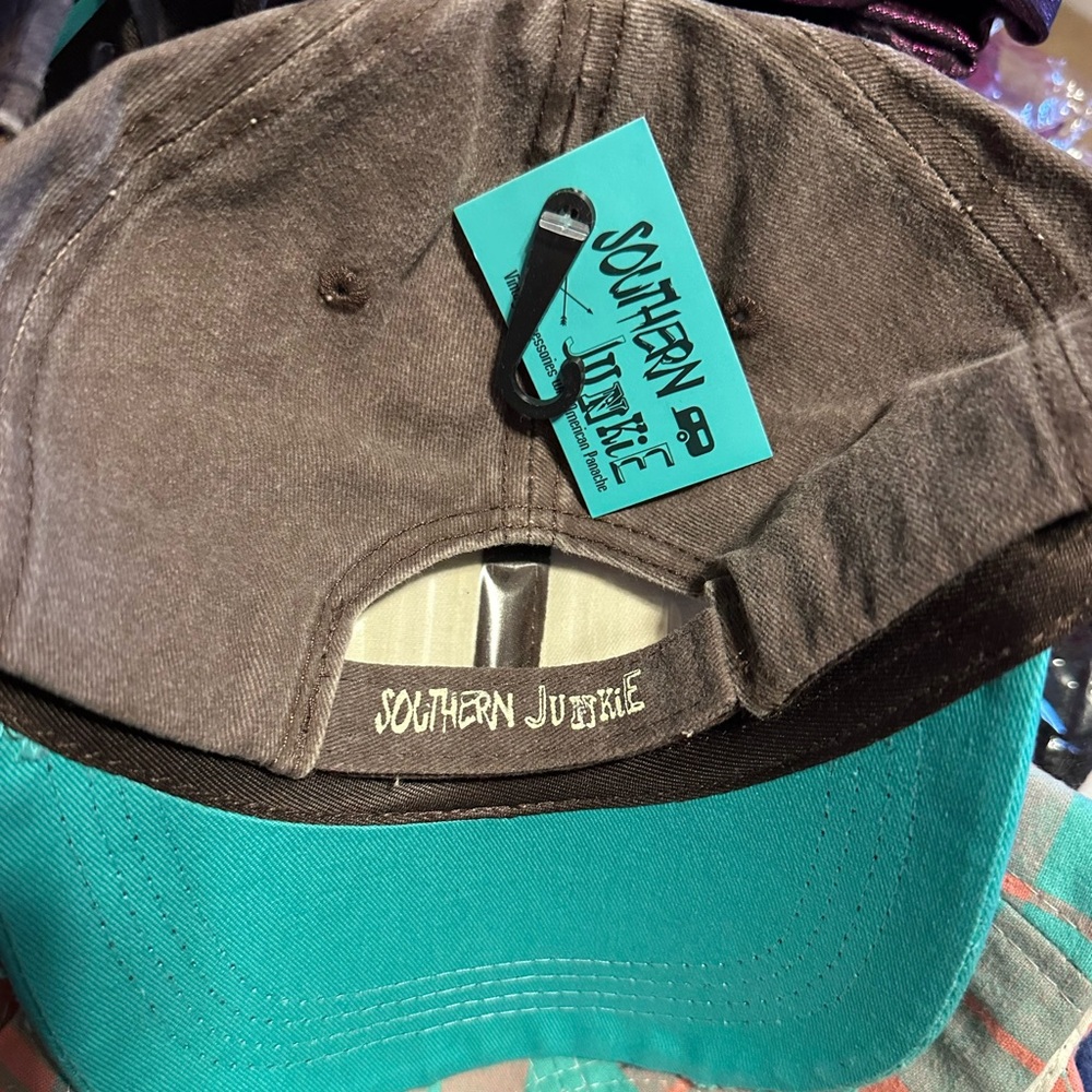 Ladies Beige, Brown and Turquoise Distressed Baseball Cap Hat - Picture 5 of 6